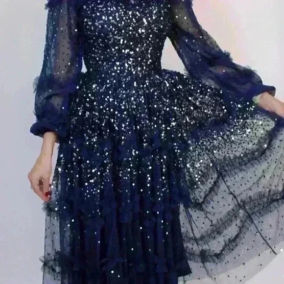 Maya Deluxe Navy Blue Sequin Party Midi Christmas/New Year's Party Dress - Picture 4 of 6